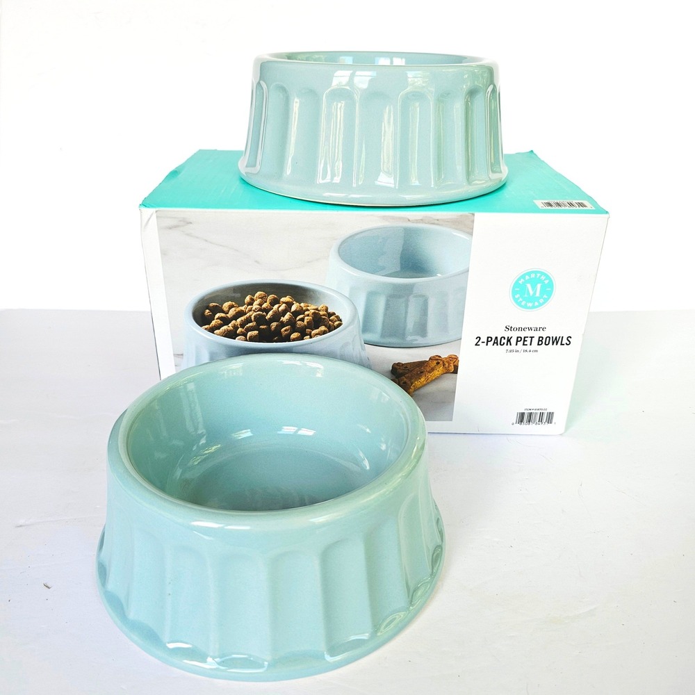 Martha Stewart Stoneware 2-Pack Pet Bowls Light Blue 7.25in Dishwasher Safe